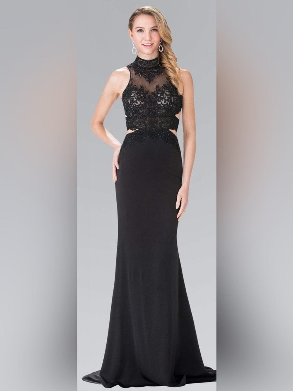 Elizabeth K Elegant Black Lace Evening Gown
